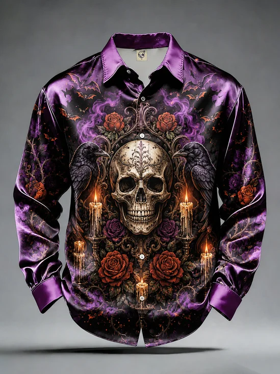 Breathable Silk Satin Day of the Dead Floral Skull Print  Casual Long-Sleeve Shirt