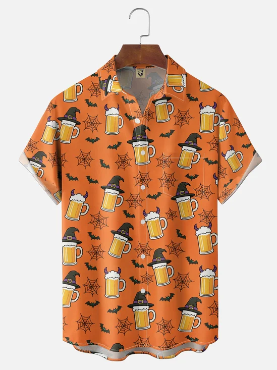 Moisture-Wicking Halloween Witch Hats Beer Spiderwebs Bats Chest Pocket Hawaiian Shirt