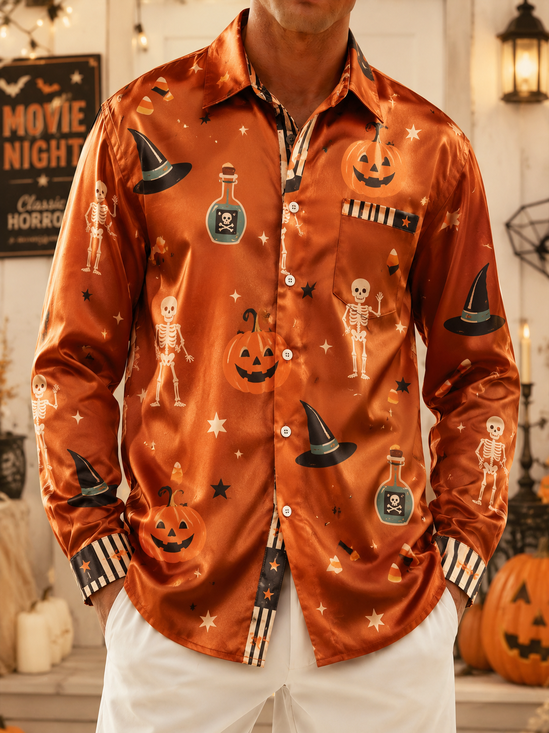 Silk Satin Breathable Halloween Pumpkin Head Skull Wizard Hat Chest Pocket Casual Long-Sleeved Shirt