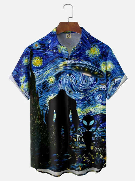 Moisture-Wicking Gradient Art Print Bigfoot & Alien Chest Pocket Hawaiian Shirt