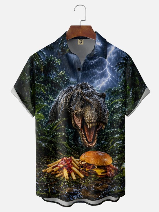 Moisture-Wicking Fun Tropical Plant Dinosaur Burger Print Chest Pocket Hawaiian Shirt