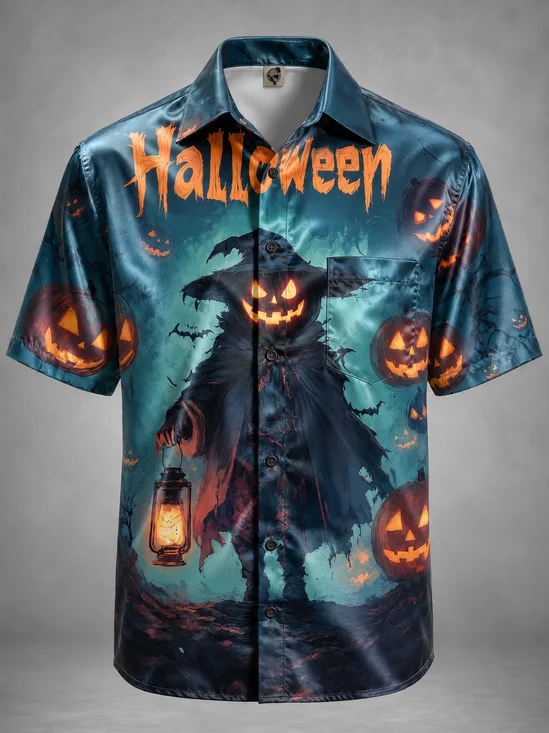 Breathable Silk Satin Pumpkin Scarecrow Quirky Chest Pocket Halloween Shirt