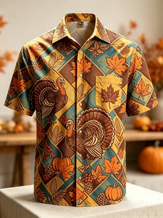 Moisture-Wicking Gradient Thanksgiving Turkey Maple Leaf Pumpkin Geometric Chest Pocket Hawaiian Shirt