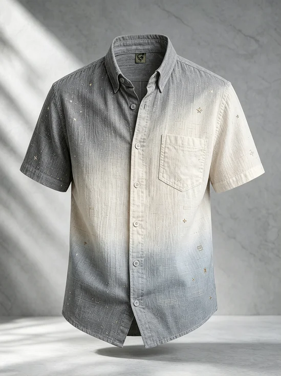 Linen-Texture Abstract Gradient Chest Pocket Hawaiian Shirt