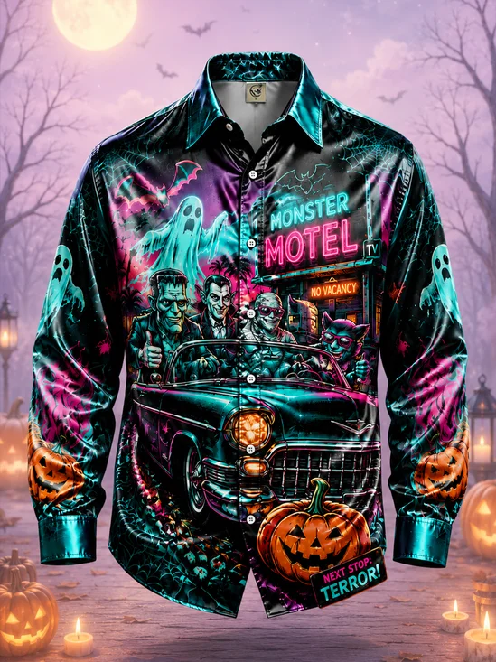 Breathable Silk Satin Spooky Halloween Night with Pumpkin-Headed Monsters  Casual Long-Sleeve Shirt
