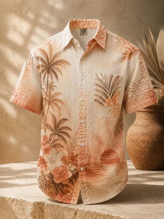 Linen-Texture Tropical Floral Chest Pocket Hawaiian Shirt