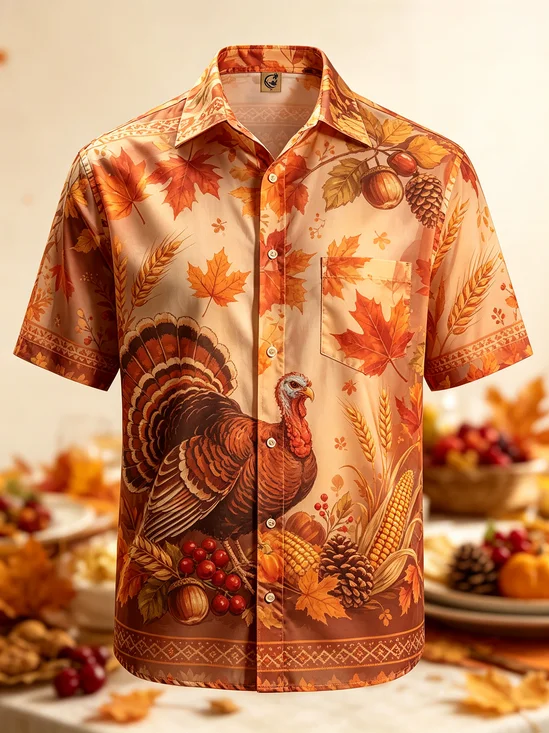 Moisture-Wicking Gradient Thanksgiving Turkey Maple Leaf Geometric Patterns Chest Pocket Hawaiian Shirt