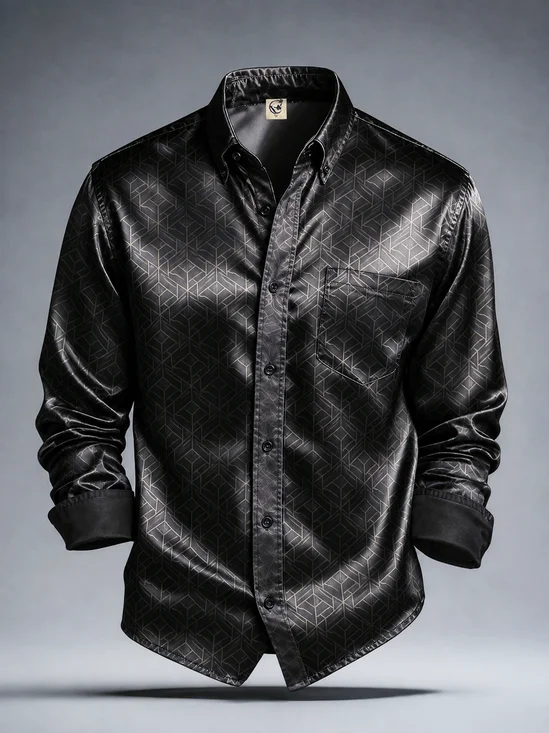 Silk Satin Breathable Abstract Gradient Dark Pattern Chest Pocket Casual Long-Sleeved Shirt