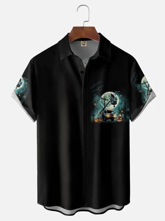 Moisture-Wicking Halloween Hat & Rescue Vehicle Pumpkin Print Chest Pocket Hawaiian Shirt