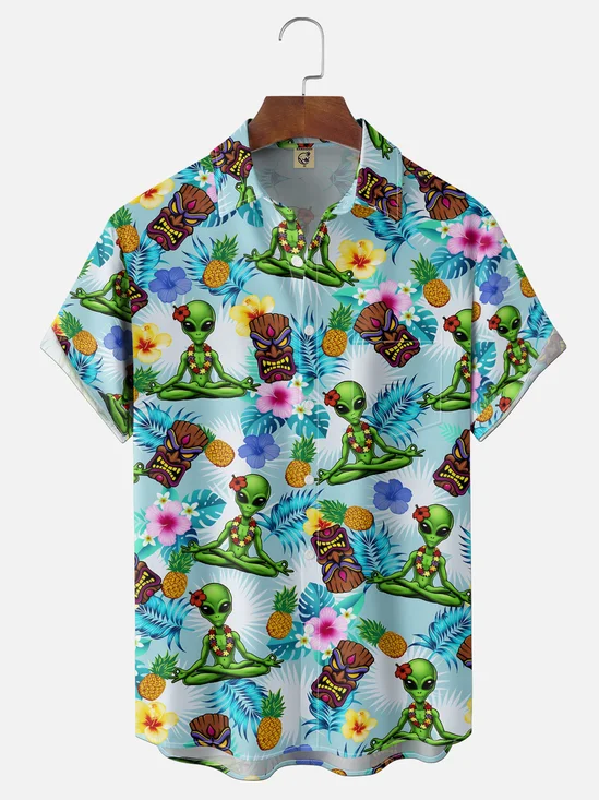 Moisture-Wicking Gradient Tropical Plant Plumeria Tiki Yoga Alien Chest Pocket Hawaiian Shirt