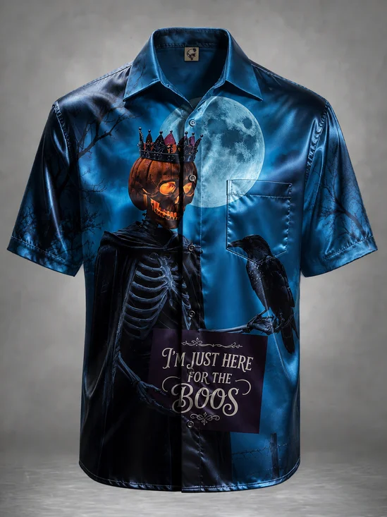 Breathable Silk Satin Pumpkin Skull Fun "I'M JUST HERE FOR THE BOOS" Slogan Chest Pocket Halloween Shirt
