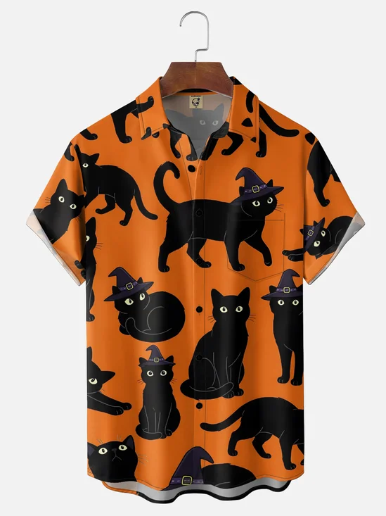 Moisture-Wicking Halloween Magical Wizard Hat & Cat Chest Pocket Hawaiian Shirt