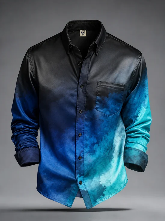 Silk Satin Breathable Abstract Gradient Dark Pattern Chest Pocket Casual Long-Sleeved Shirt