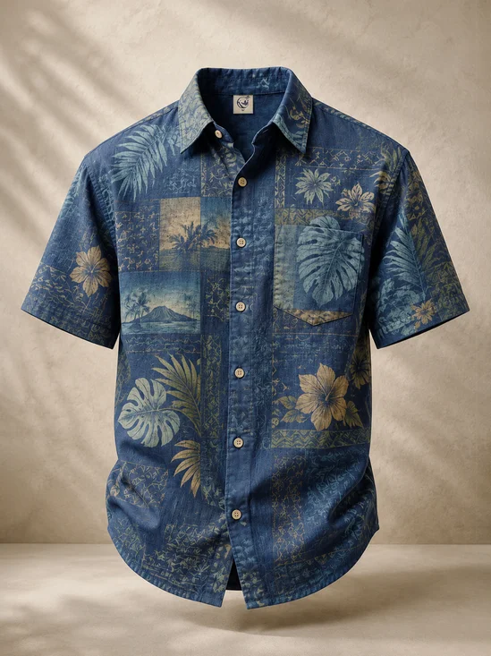 Linen-Texture Tropical Floral  Chest Pocket Hawaiian Shirt