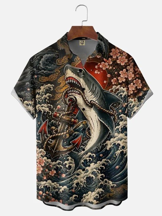 Moisture-Wicking Ukiyo-e Wave Plum Blossom Shark Design Chest Pocket  Hawaiian Shirt
