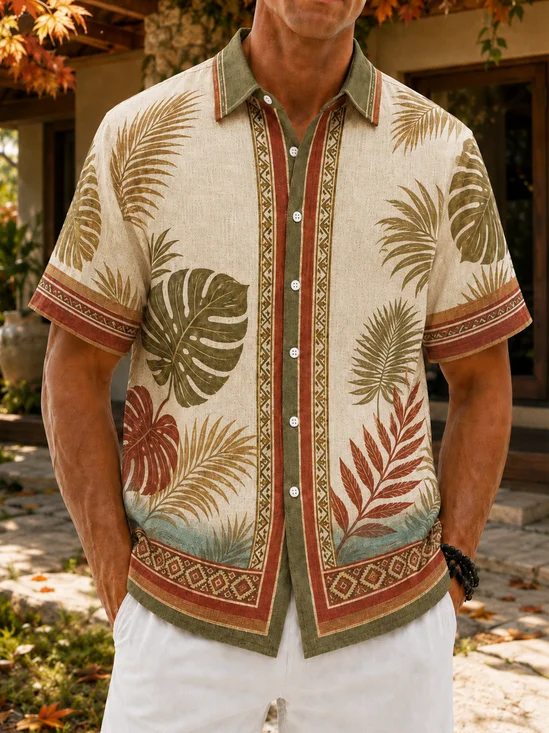 Linen-Texture Striped Tropical Floral Hawaiian Shirt