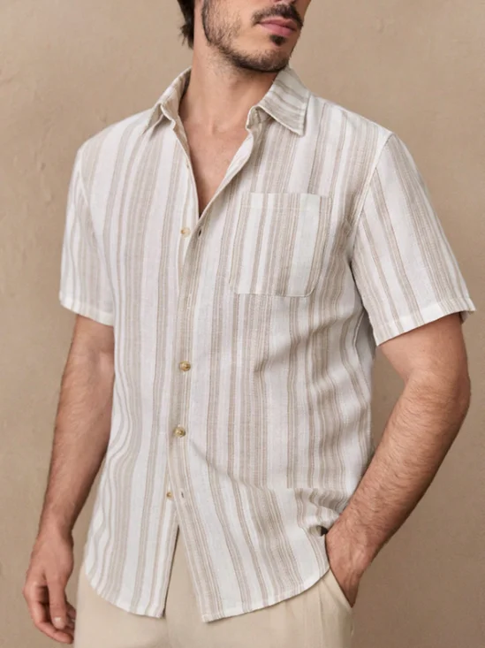 Linen-Texture Abstract Geometric Stripe Chest Pocket Hawaiian Shirt