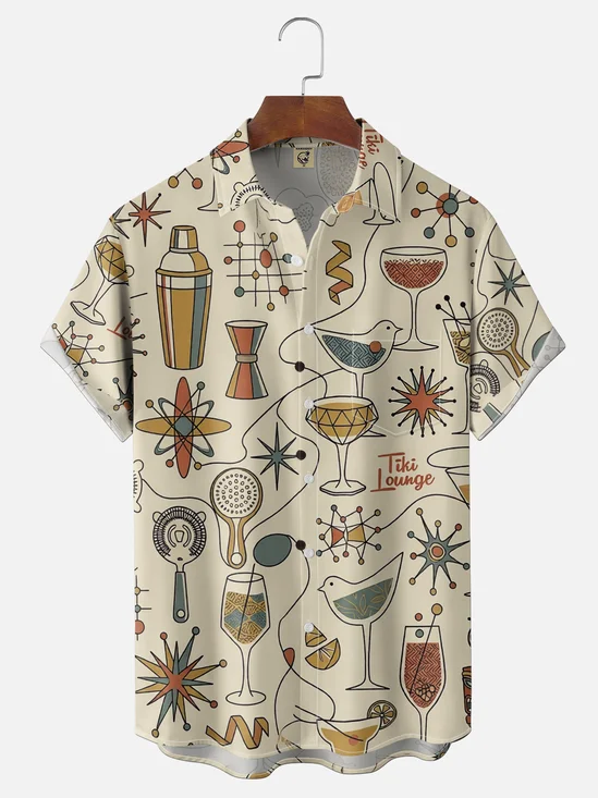 Moisture-Wicking Cocktail Medieval Retro Geometric Color-Block Chest Pocket Hawaiian Shirt