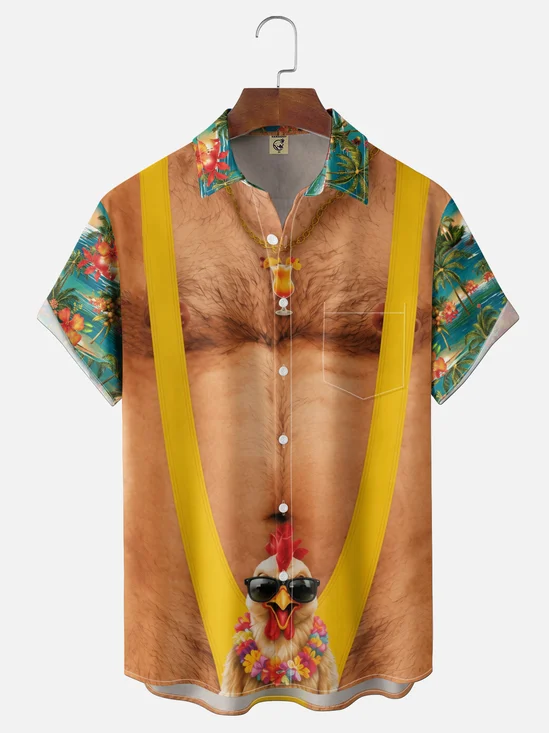 Moisture-Wicking Abstract Parody "Dad Bod" Cartoon Screaming Rooster Chest-Pocket Hawaiian Shirt