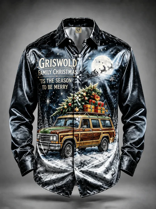 Breathable Silk Satin "Griswold Family Christmas Vacation" Chest Pocket Casual Long-Sleeved Shirt