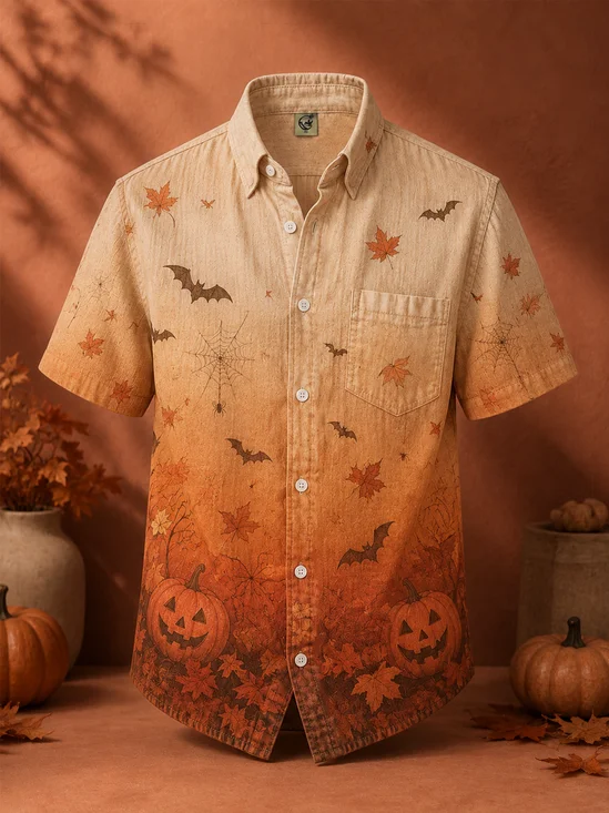 Linen-Texture Halloween Maple Leaves Jack-o'-Lanterns Bats  Chest Pocket Hawaiian Shirt