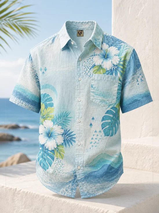 Linen-Texture Tropical Floral Chest Pocket Hawaiian Shirt