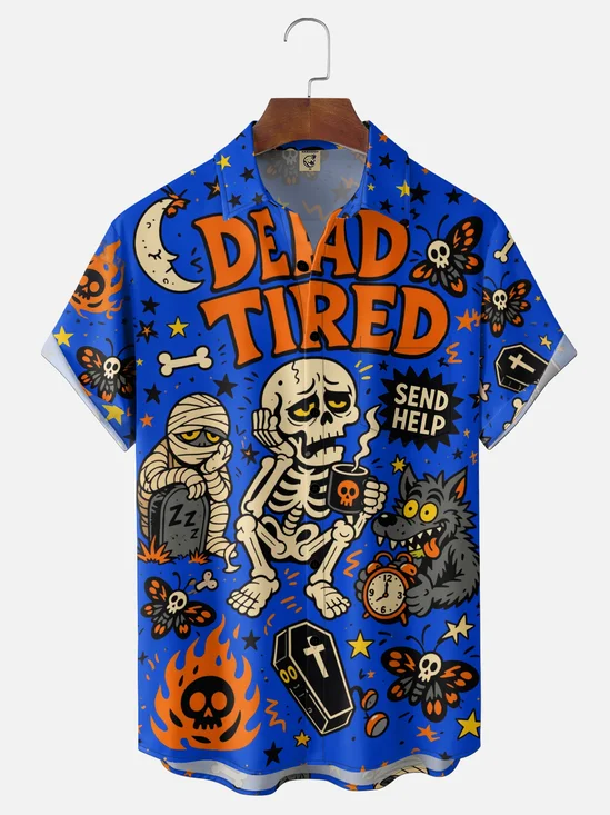 Moisture-Wicking "Dead Tired" Halloween Featuring Coffee-Drinking Skulls Mummies Werewolves Chest Pocket Hawaiian Shirt