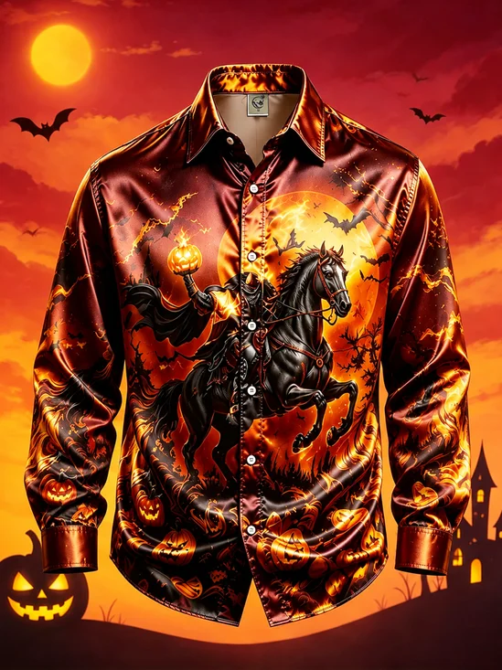 Breathable Silk Satin  Halloween Pumpkin-Head Bat & Headless Horseman Print with Chest Pocket Casual Long-Sleeved Shirt