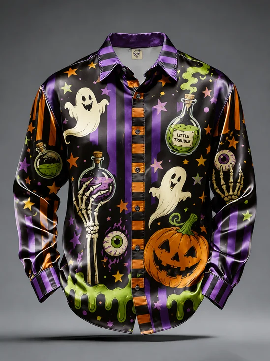 Breathable Silk Satin Halloween Striped Pumpkin Ghost Skull Print  Chest Pocket Casual Long-Sleeve Shirt