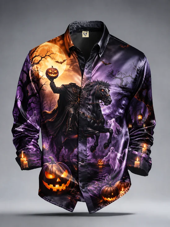 Silk Satin Breathable Halloween Pumpkin Head Headless Horseman Chest Pocket Casual Long-Sleeved Shirt