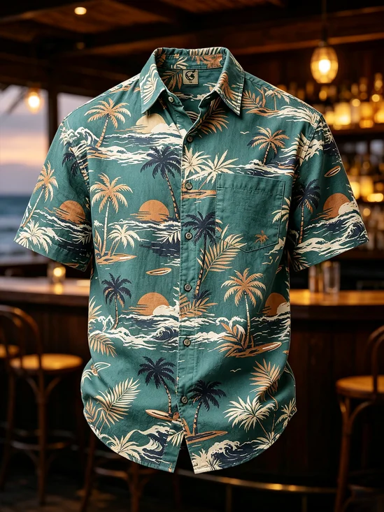 Linen-Texture Tropical Floral  Chest Pocket Hawaiian Shirt