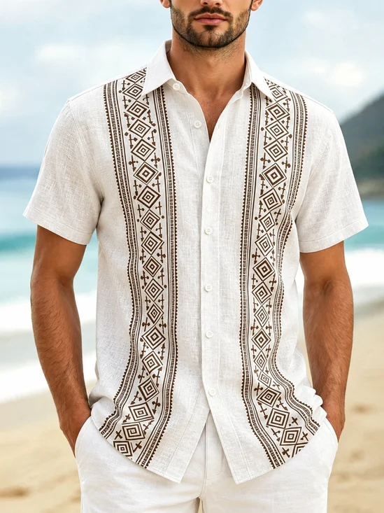 Linen-Texture Striped Geometric Ethnic Hawaiian Shirt