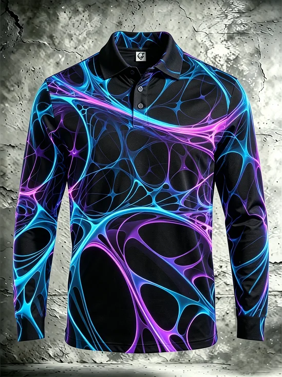 Moisture-Wicking Gradient 3D Abstract Cellular Pattern Long-Sleeve Hawaiian Golf Polo