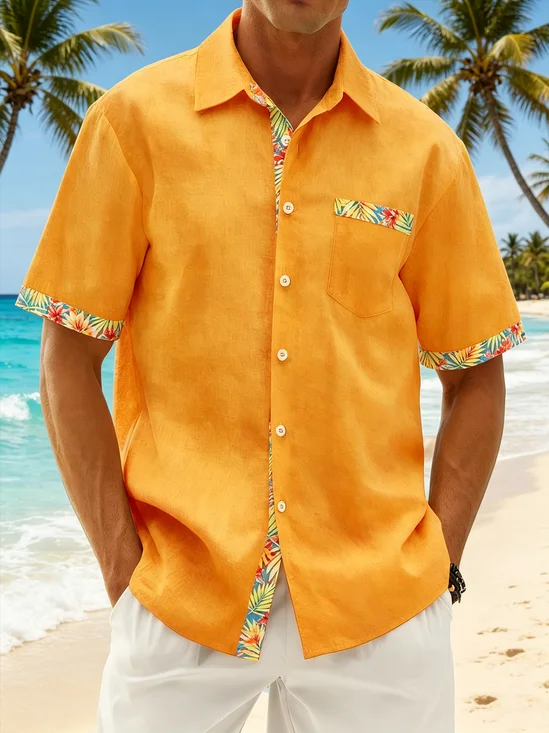 Tall Size Linen-Textured Solid & Floral Patchwork Chest Pocket Hawaiian Holiday Shirt