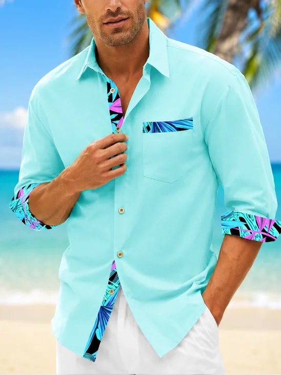 Linen-Texture Color-Block Tropical Leaf & Floral Print Chest Pocket Casual Long-Sleeve Shirt