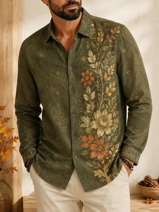 Linen-Texture Leaf & Floral Print Casual Long-Sleeve Shirt