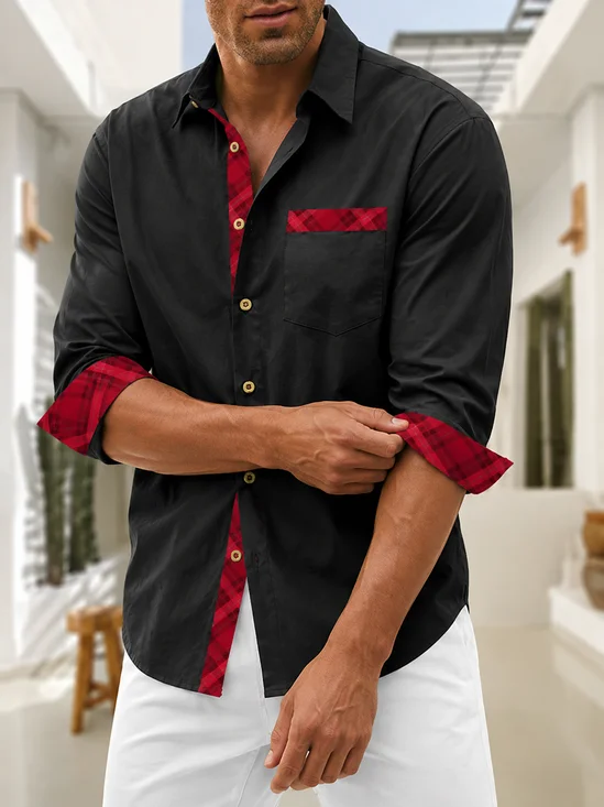 Moisture-Wicking Solid-Color Panels and Geometric Check Chest Pocket  Casual Long-Sleeve Shirt