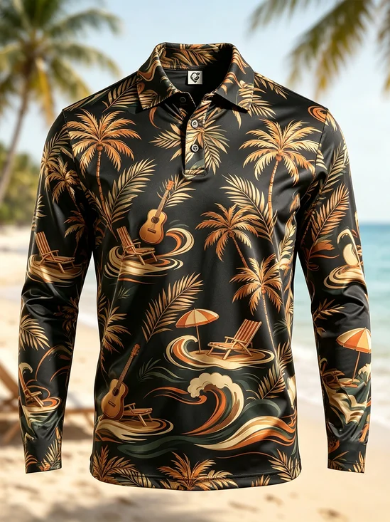 Moisture-Wicking Gradient Tropical Plant Coconut Tree Beach Guitar Print Long-Sleeve Hawaiian Golf Polo