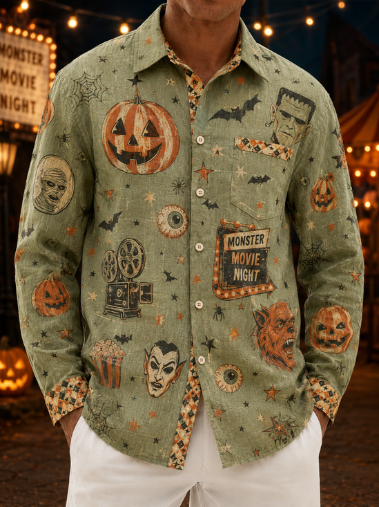 Linen-Texture Halloween Pumpkin Ghost Skull Monster Print Chest Pocket Casual Long-Sleeve Shirt
