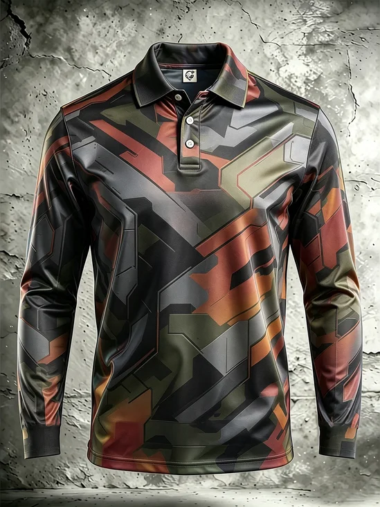 Moisture-Wicking Gradient 3D Abstract Mechanical Geometric Long-Sleeve Hawaiian Golf Polo