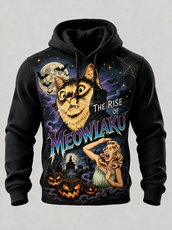 Halloween Vintage Cemetery Pumpkin Bat Woman Cat Kangaroo-Pocket Hoodie Sweatshirt