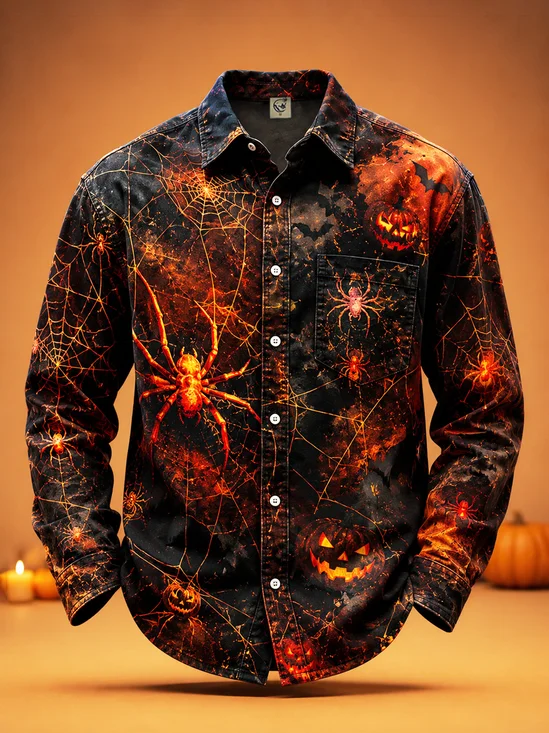 Moisture-Wicking Halloween Pumpkin Skull Spiderweb Print Chest Pocket Long-Sleeve Casual Shirt