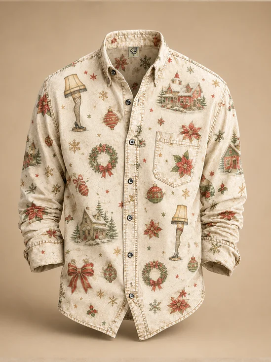 Moisture-Wicking  Christmas Story Leg Lamp Chest Pocket Casual Long-Sleeve Shirt