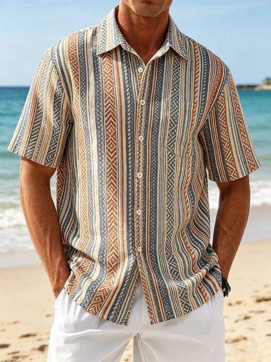Tall Size Linen-Texture Geometric Stripe Chest Pocket Holiday Hawaiian Shirt