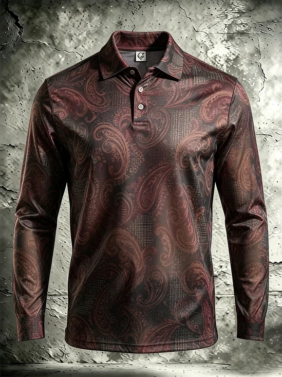 Moisture-Wicking Gradient Paisley Geometric Prints  Long-Sleeve Hawaiian Golf Polo