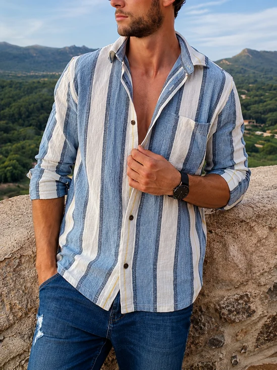 Linen-Texture Abstract Geometric Stripe  Chest Pocket Casual Long-Sleeve Shirt