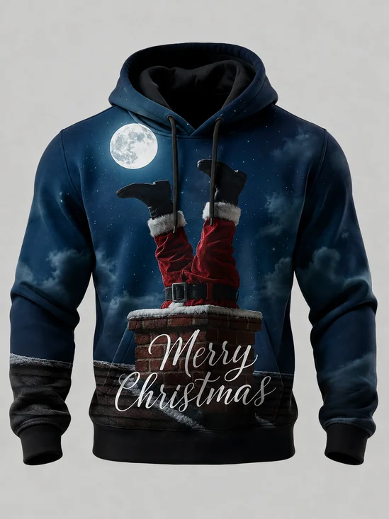 Christmas Quirky Santa Claus Chimney Leg Moon Starry Sky Kangaroo-Pocket Hoodie Sweatshirt