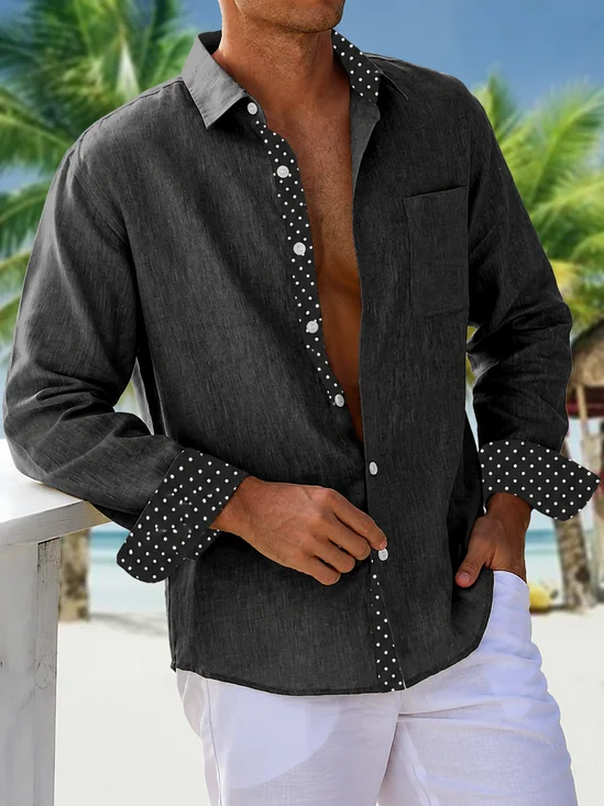 Moisture-Wicking Solid-Color Paneling Geometric Polka Dots Chest Pocket Casual Long-Sleeve Shirt