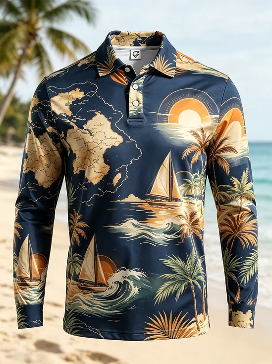 Moisture-Wicking Gradient Sailboats Maps Coconut Trees Long-Sleeve Hawaiian Golf Polo