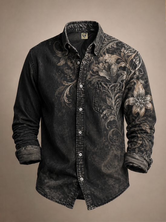 Moisture-Wicking Tropical Leaf & Floral Print  Chest Pocket Long-Sleeve Casual Shirt